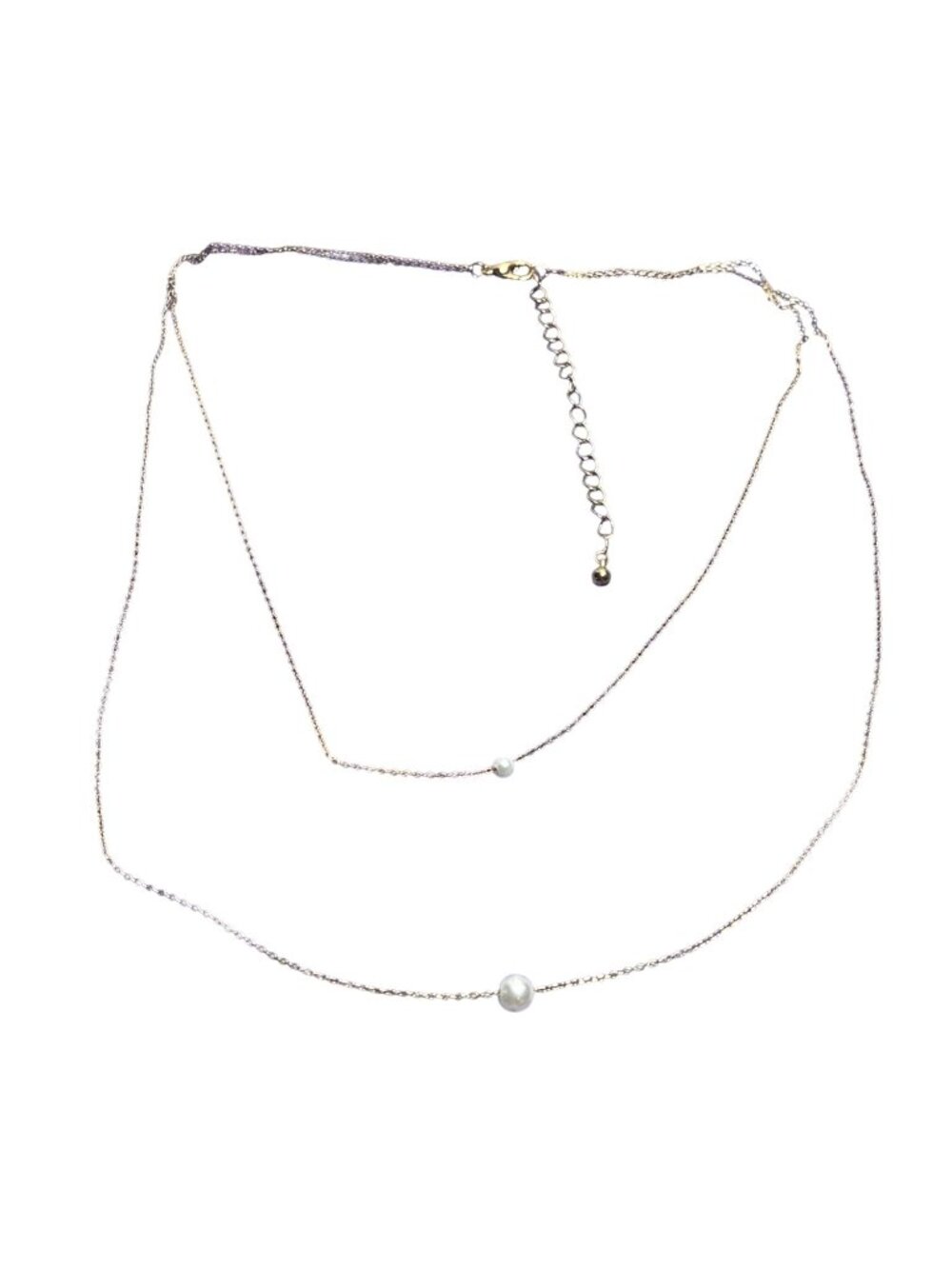 2 Strand Dainty Goldtone Chain Necklace Faux Pearl Beads 3 inch Extender
